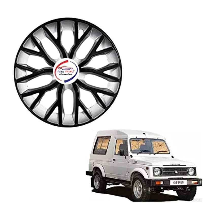 Auto Pearl 4 Pcs 15 inch ABS Black & Silver Hubcap Wheel Cover Set with Retention Ring for Maruti Suzuki Gypsy