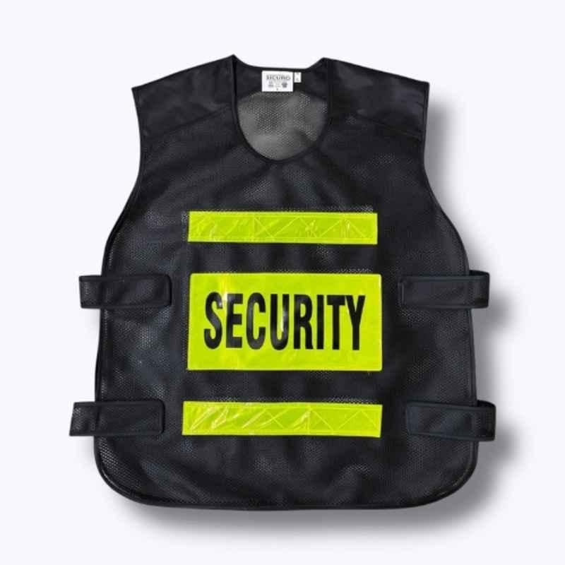 Sicuro 125GSM Polyester Black Sleeveless Front & Back Printed Round Neck Safety Jacket, Size: L