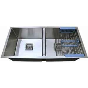 Happy Homes 45x20x10 inch Silver Satin Finish Stainless Steel 304 Double Bowl Kitchen Sink, HH-01