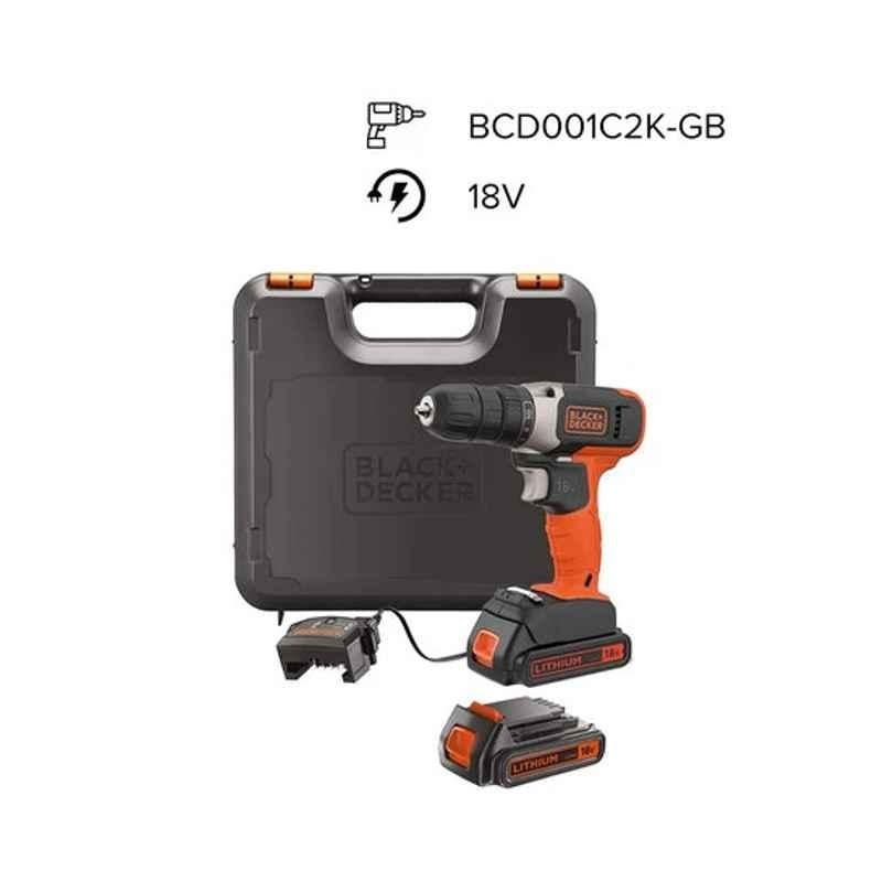 Black & Decker 18V 10mm Cordless Orange & Black Drill Driver Kit, BCD001C2K-GB