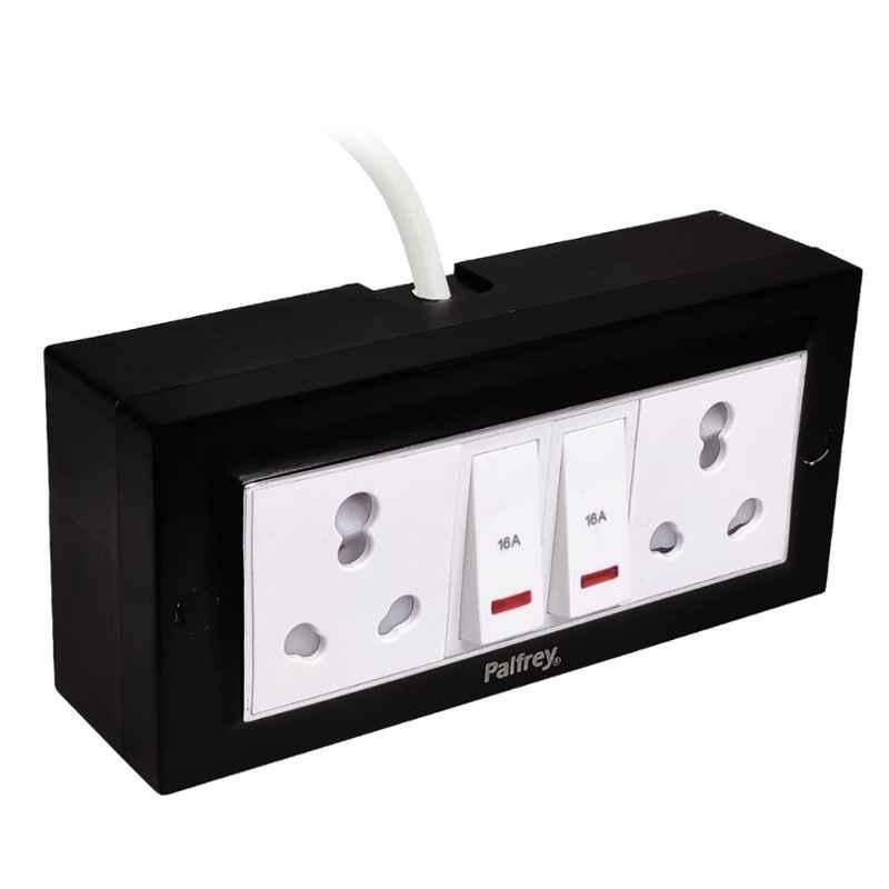 Palfrey 16A 2 Socket Black Polycarbonate Electric Extension Board with Two LED Indicator Switch & 20m Wire, BL 161620 IND
