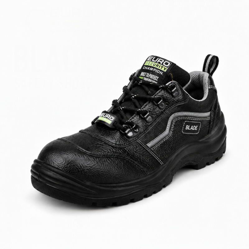 Euro Security Blade Grain Leather Steel Toe Black Safety Shoes with PU Sole, Size: 6