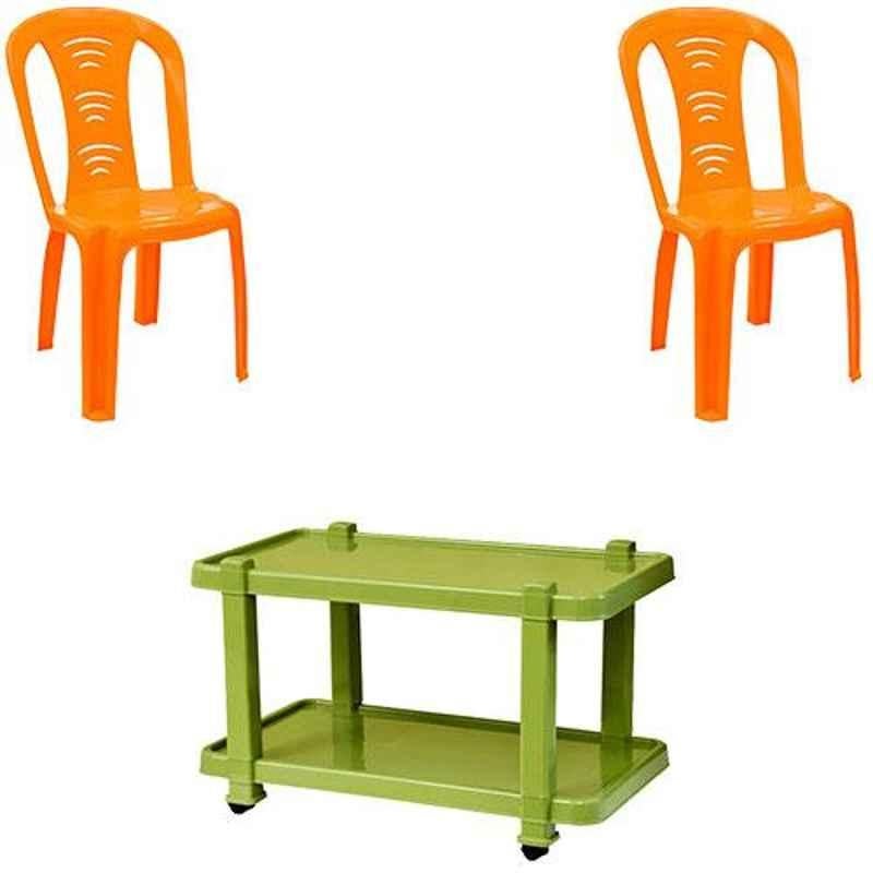 Italica 2 Pcs Polypropylene Orange Without Arm Chair & Green Table with Wheels Set, 9306-2/9509
