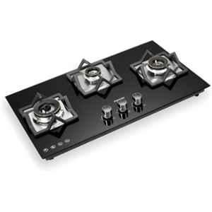 Padmini 3 Burner Stainless Steel Black Automatic Ignition Glass Top Gas Stove, Gas Hob CH-3001