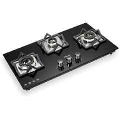 Padmini 3 Burner Stainless Steel Black Automatic Ignition Glass Top Gas Stove, Gas Hob CH-3001