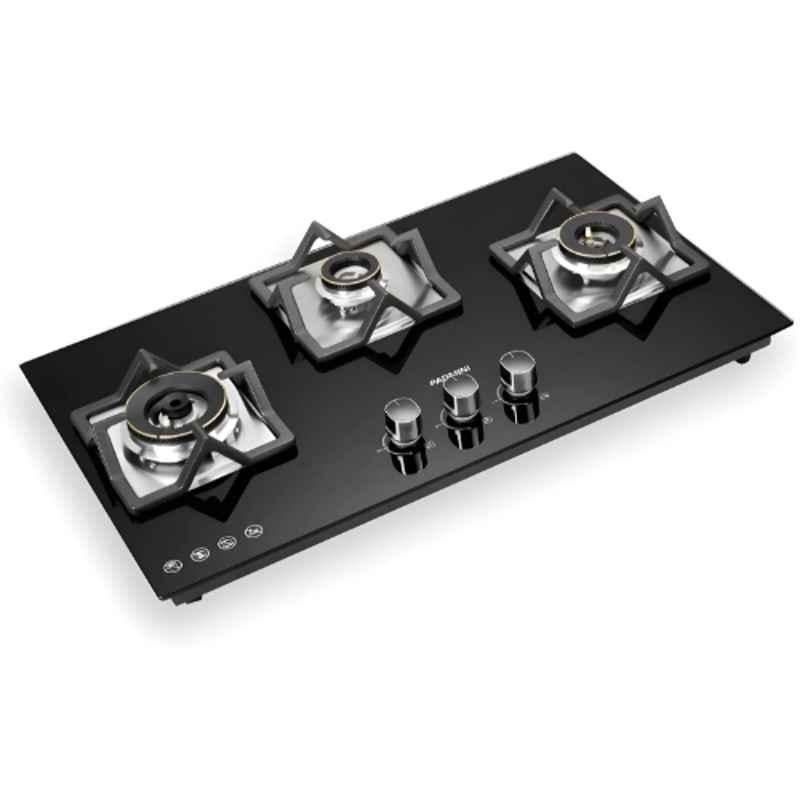 Padmini 3 Burner Stainless Steel Black Automatic Ignition Glass Top Gas Stove, Gas Hob CH-3001