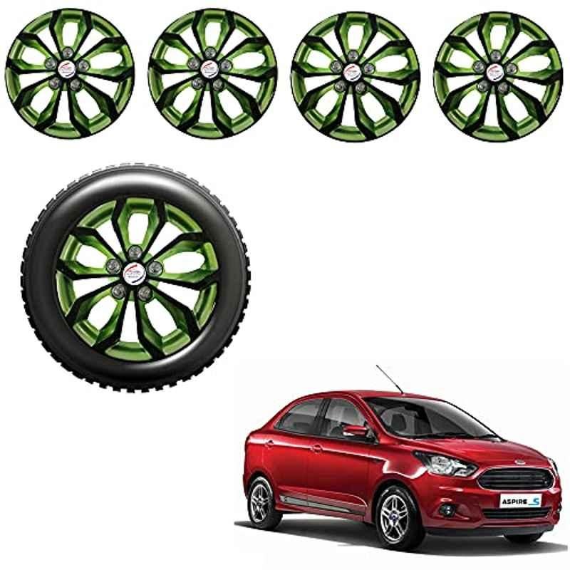 Auto Pearl 4 Pcs 14 inch Black & Green ABS Press Type Hubcap Wheel Cover Set with Retention Ring for Ford FigoAspire