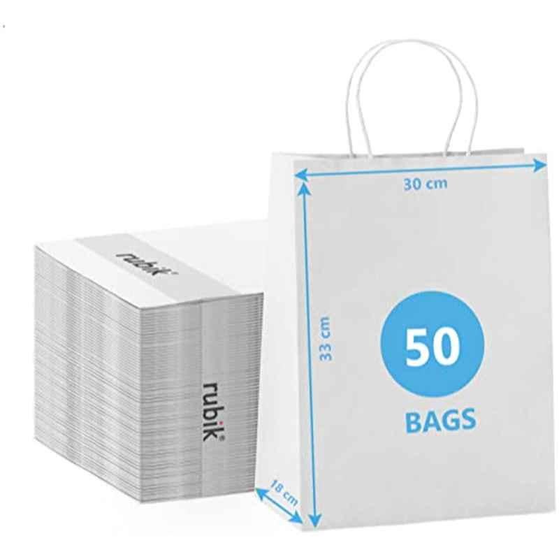 Rubik 50Pcs 33x30x18cm Paper White Kraft Paper Bag with Handle Set, RBKPBBR50