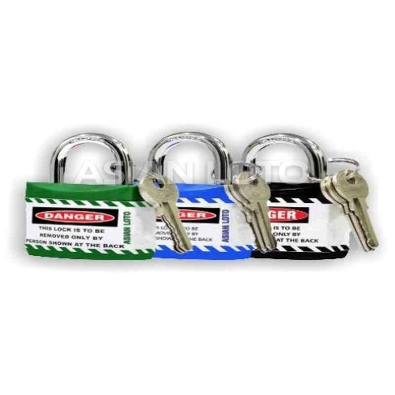 Asian Loto 3 Pcs Metal & Plastic Green, Blue & Black Regular Shackle Jacket Padlock Set with 3 Keys, ALC-LPR