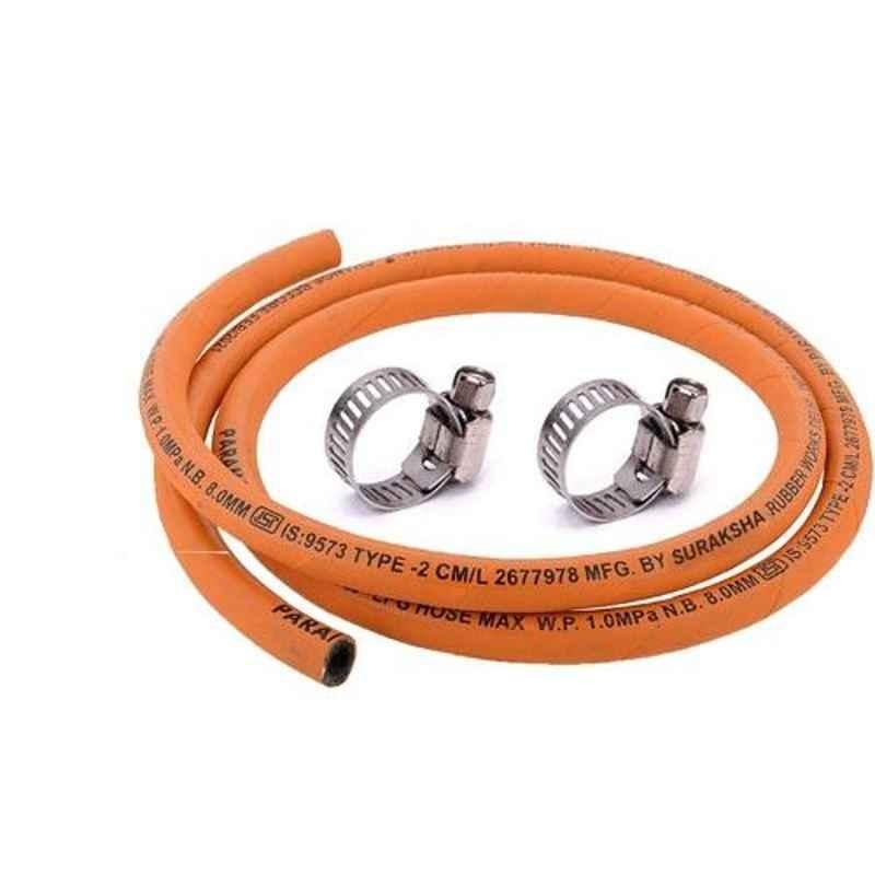 Fogger Suraksha 150cm Steel Wire Reinforced LPG Rubber Hose Pipe with 2 Clamp, HOSE-PIPE+2Clamp_2, Orange