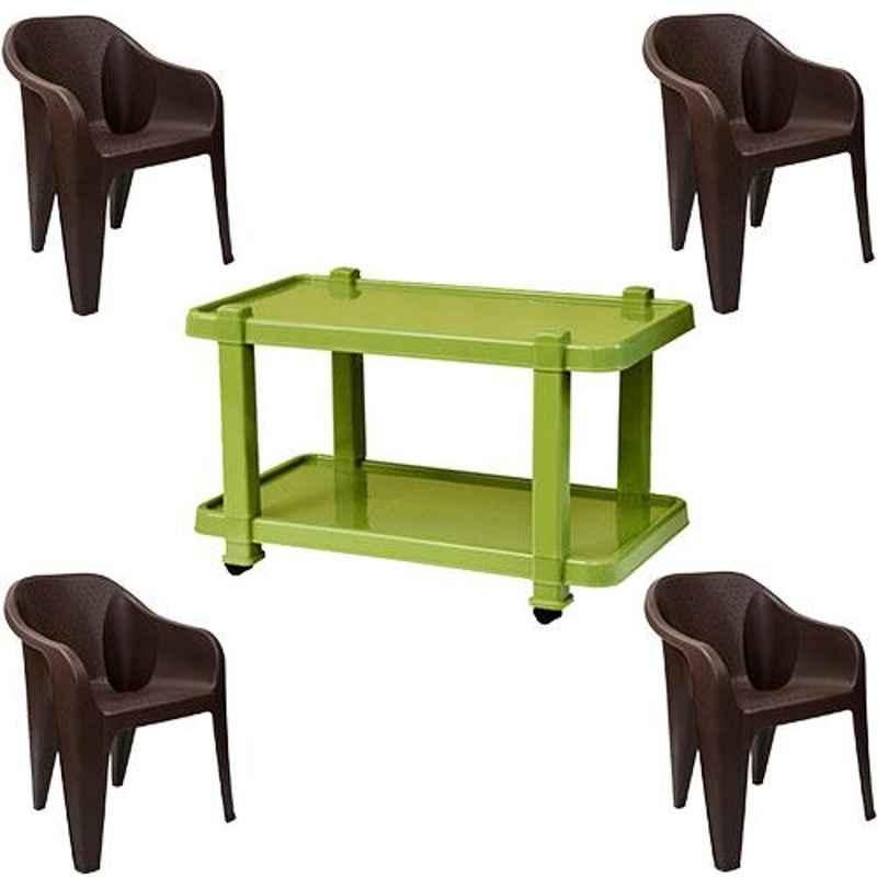 Italica 4 Pcs Polypropylene Tan Brown Luxury Arm Chair & Green Table with Wheels Set, 2019-4/9509
