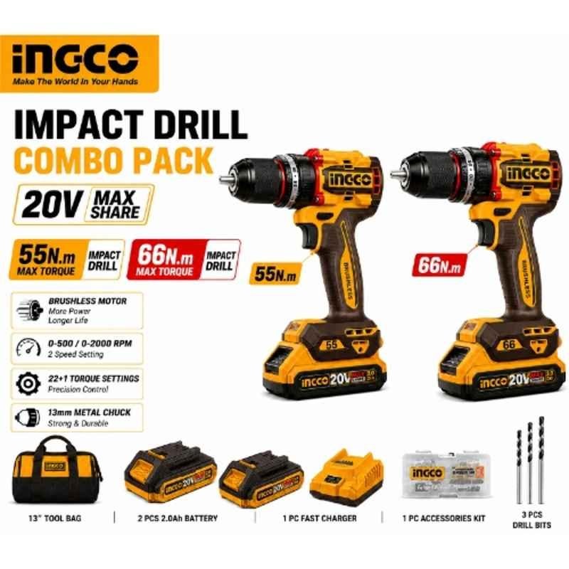 Ingco 13mm 20V 55Nm & 66Nm Cordless Impact Drill Combo with Brushless Motor