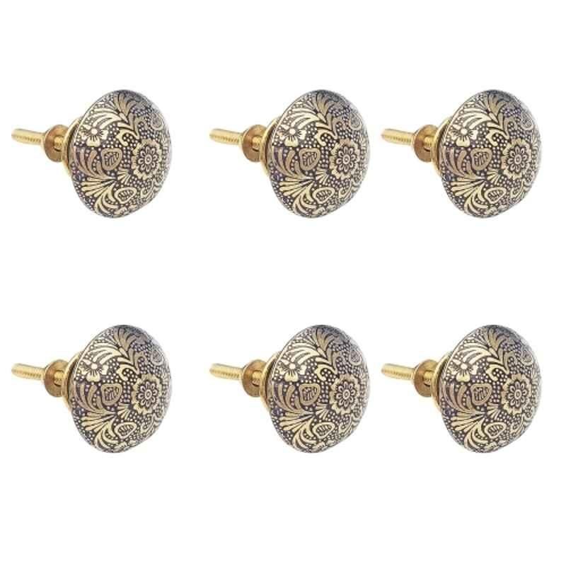 Mix & Match BFloral 35mm Brass Gold Handcrafted Round Cabinet Knob with Antique Finish (Pack of 6)
