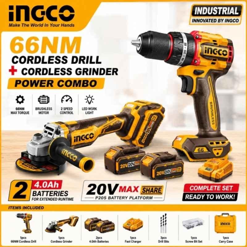 Ingco 13mm 20V 66Nm Cordless Impact Drill & 4 inch 800rpm Grinder Combo