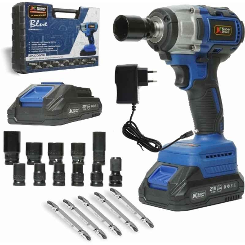 JK Super Drive 1/2 inch 21V 2Ah Cordless Impact Wrench with Auto-Stop Safety Mode, Battery, Charger & Accessories, 9005141