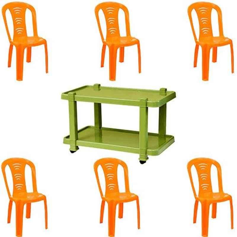 Italica 6 Pcs Polypropylene Orange Without Arm Chair & Green Table with Wheels Set, 9306-6/9509
