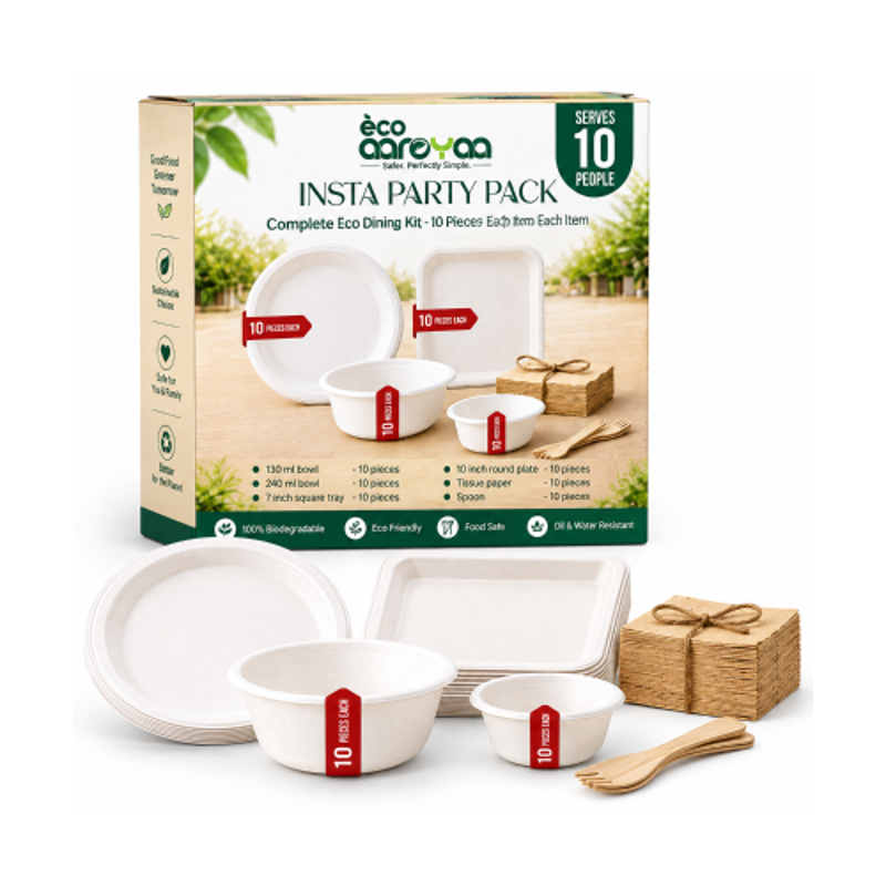 Eco Aaroyaa Disposable Insta Party Pack for 10 Guests Eco-Friendly Bagasse Dinnerware Combo with Plates, Bowls, Serving Bowls, Cups, Wooden Cutlery & Tissue Box, Biodegradable Tableware Set