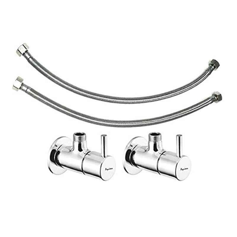 Aquieen Fluid Stainless Steel 24 inch Angle Valve & 600mm Connection Hose with Wall Flange Set (Set of 2)