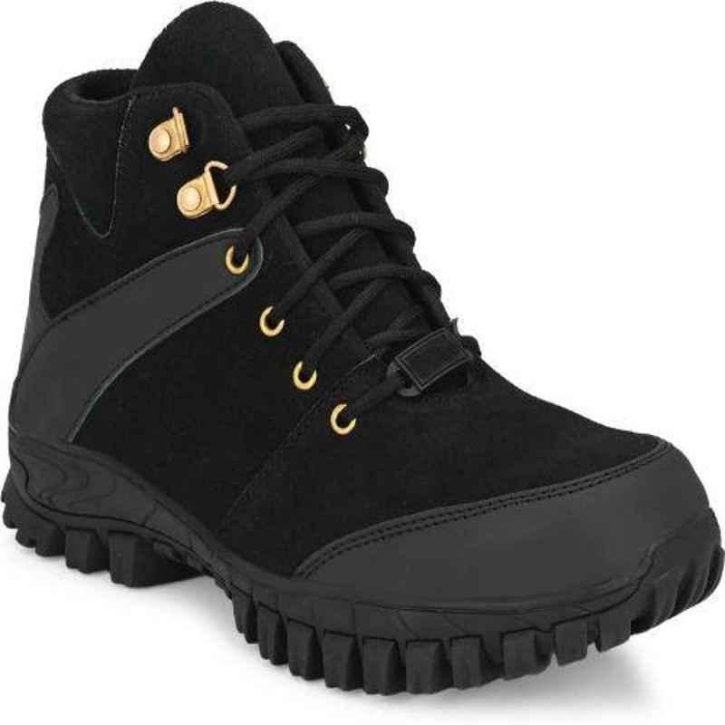Wonker 6360 Synthetic Leather Steel Toe High Ankle Black Safety Shoes, Size: 9