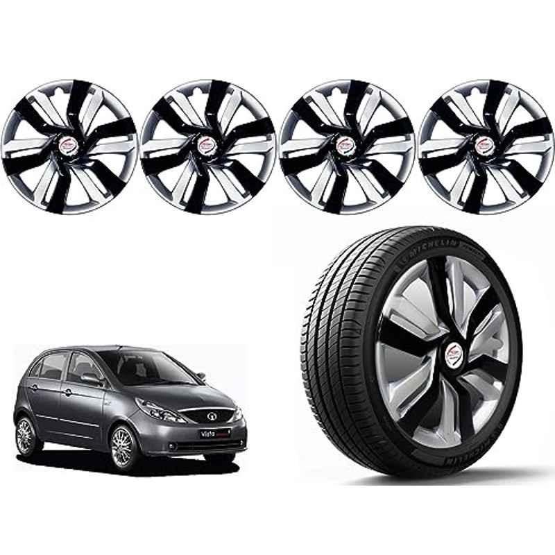 Auto Pearl 4 Pcs 14 inch Polypropylene Black & Silver Press Type Car Wheel Cover Set with Retention Ring for Tata Indica Vista 2008, 14WC_Idtec_Rev_IndicaVista2008