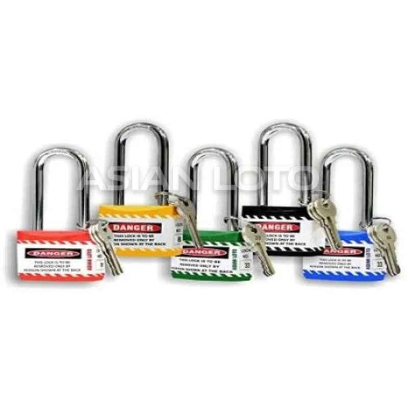 Asian Loto 5 Pcs Metal & Plastic Red, Yellow, Green, Blue & Black Long Shackle Jacket Padlock Set with 3 Keys, ALC-LPL