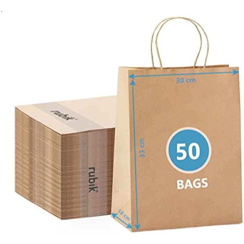 Rubik 50Pcs 33x30x18cm Paper Brown Kraft Paper Bag with Handle Set, RBKPBBR50