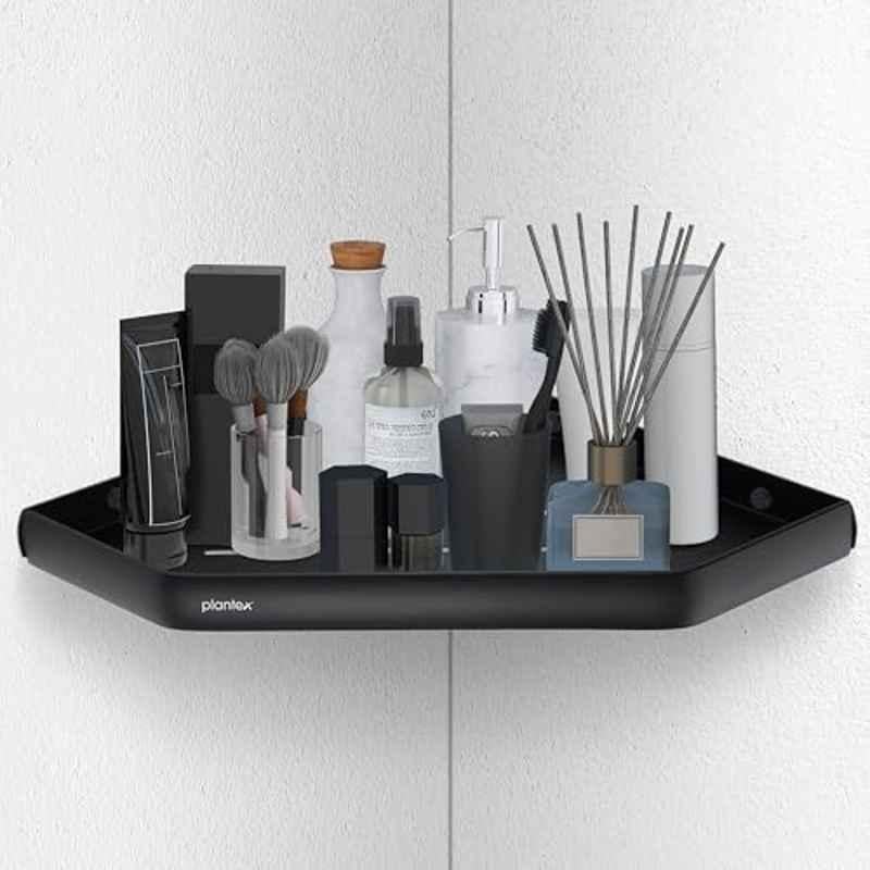 Plantex 1501 12x12 inch Aluminium Black Self Adhesive Corner Shelf for Bathroom Wall/Multipurpose for Home/Office/Hotel