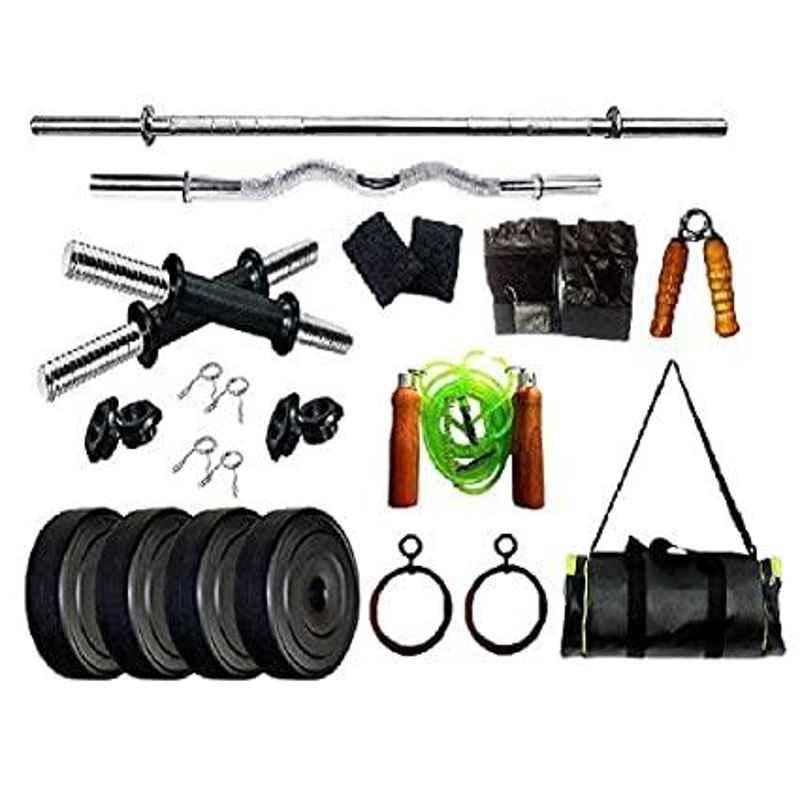Spanco Multicolor SPC_5S_3C_DMB_GSWHBR_14 Home Gym 14kg (25kgX4 = 10kg + 2kgX2 = 4kg) with Curl Rod, Straight Rod, Gym Gloves, Skipping Rope, Sweat Band, Hand Gripper, Roman Rings & Duffle Bag (Multicolor)