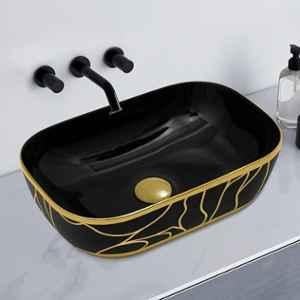 Plantex Ceramic Black & Gold Designer Wash Basin for Bathroom, APS-16010
