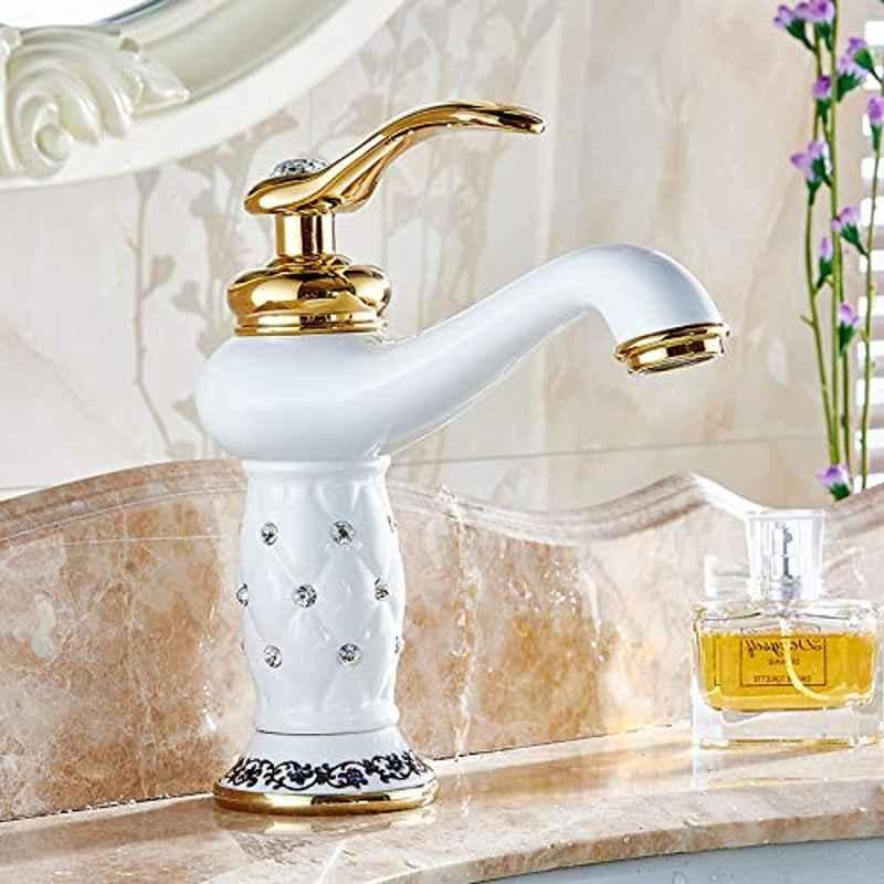 InArt WZS-7301 Brass White & Gold Deck Mount Single Lever Basin Mixer Tap for Bathroom, INA-345