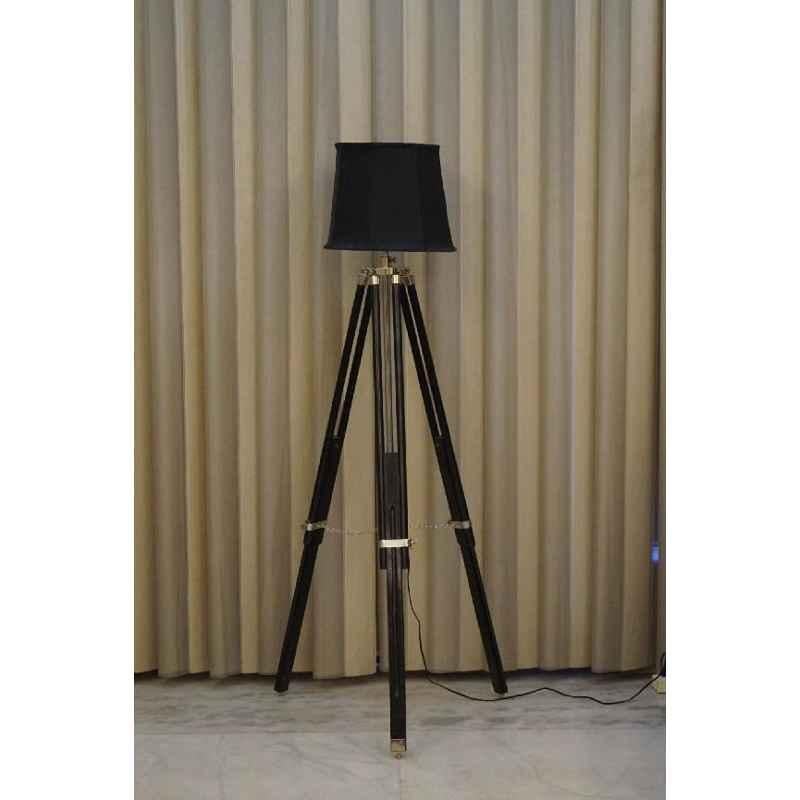 Tucasa Mango Wood Black Tripod Floor Lamp with Polycotton Black Shade, P-103