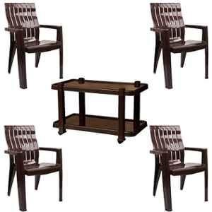 Italica 4 Pcs Polypropylene Weather Brown Spine Care Chair & Nut Brown Table with Wheels Set, 2277-4/9509