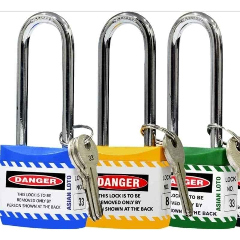 Asian Loto 3 Pcs Metal & Plastic Yellow, Green & Blue Long Shackle Jacket Padlock Set with 3 Keys, ALC-LPL