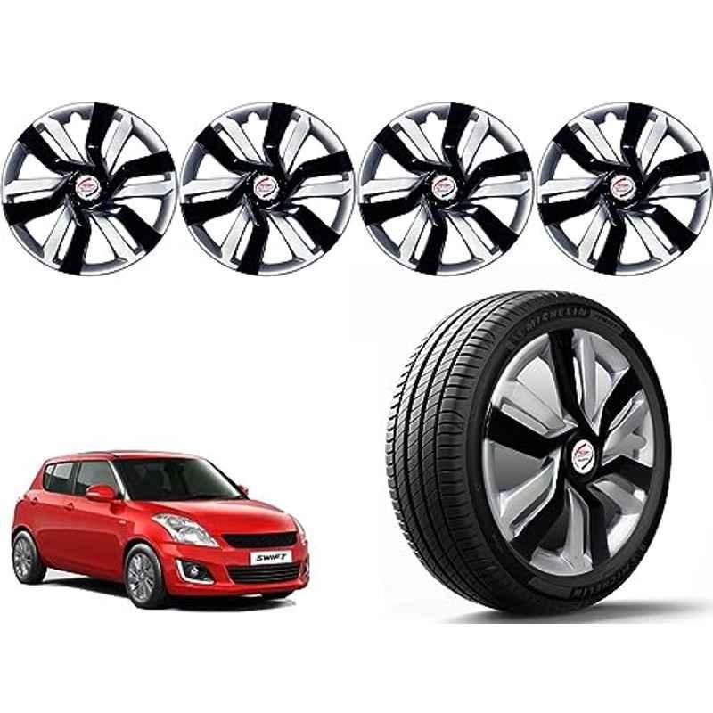 Auto Pearl 4 Pcs 14 inch Polypropylene Black & Silver Press Type Car Wheel Cover Set with Retention Ring for Maruti Suzuki Swift 2015-2017, 14WC_Idtec_Rev_Swift2015_2017