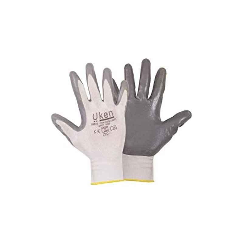 Uken Nitrile Grey Grip Hand Gloves, Size : Medium