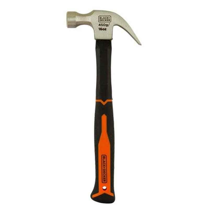 Black+Decker 450g Orange & Black Fiberglass Handle Claw Hammer, BDHT51396