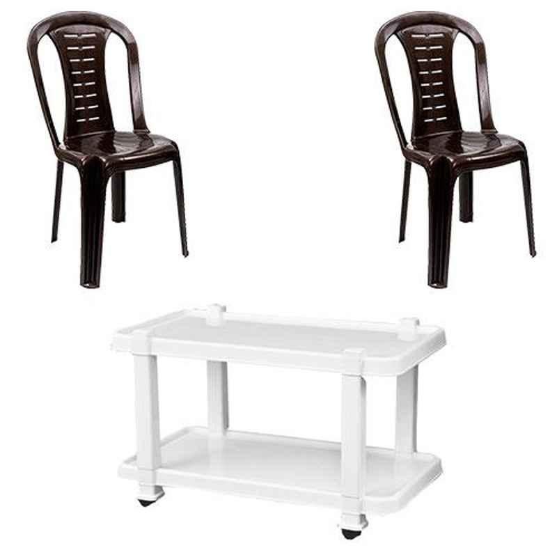 Italica 2 Pcs Polypropylene Nut Brown Without Arm Chair & White Table with Wheels Set, 9312-2/9509