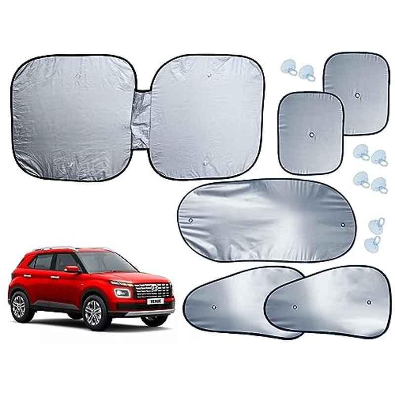 Auto Pearl 6 Pcs Polyester Black & Silver Window, Front & Rear Sun Shade Set for Hyundai Venue