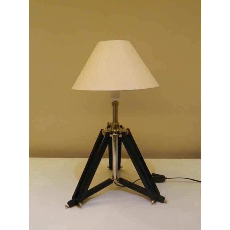 Tucasa Mango Wood Black Tripod Table Lamp with Polycotton Off White Shade, P-24