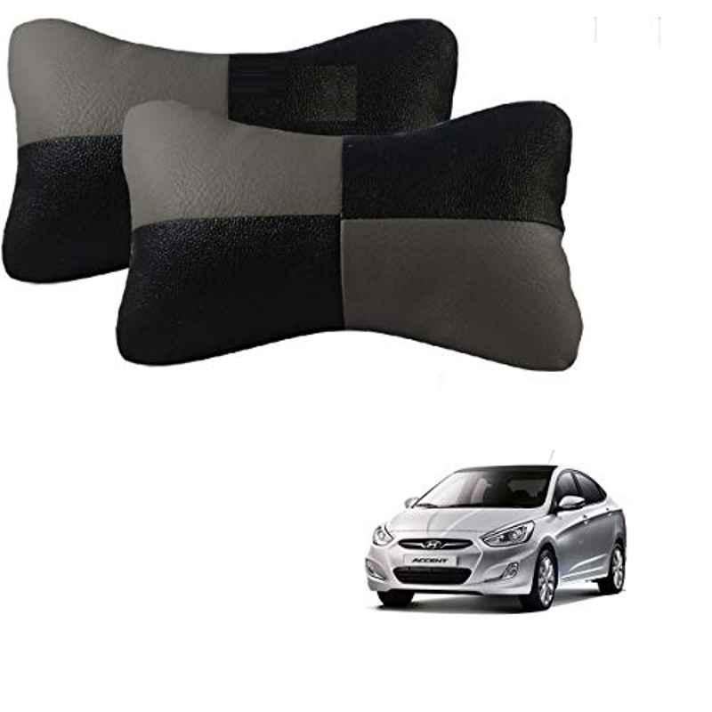 Kozdiko 2 Pcs Leather Grey & Black Neck Rest Car Cushion Pillow Set for Hyundai Accent