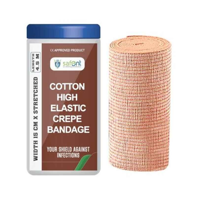Safent 6 inch 15cmx4.5m Cotton High Elastic Crepe Bandages, SAFE0060 (Pack of 6)