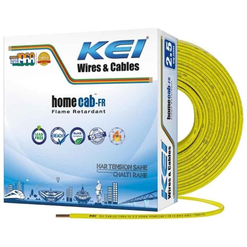 KEI Homecab 2.5 Sqmm 1 Core 99.97% Pure Copper Conductor FR PVC Insulated Cable for Domestic & Commercial Electrical Wiring (Yellow, 90 Meters)