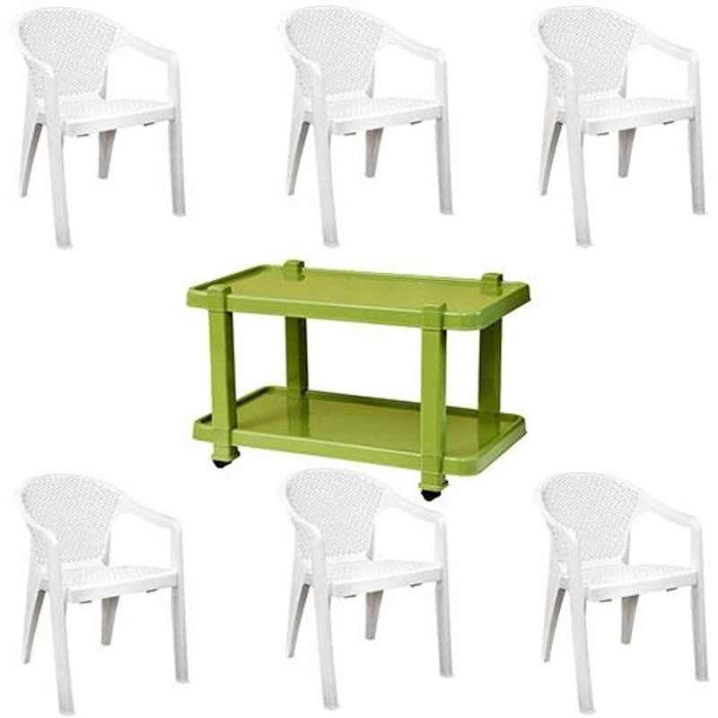 Italica 6 Pcs Polypropylene White Oxy Arm Chair & Green Table with Wheels Set, 5202-6/9509