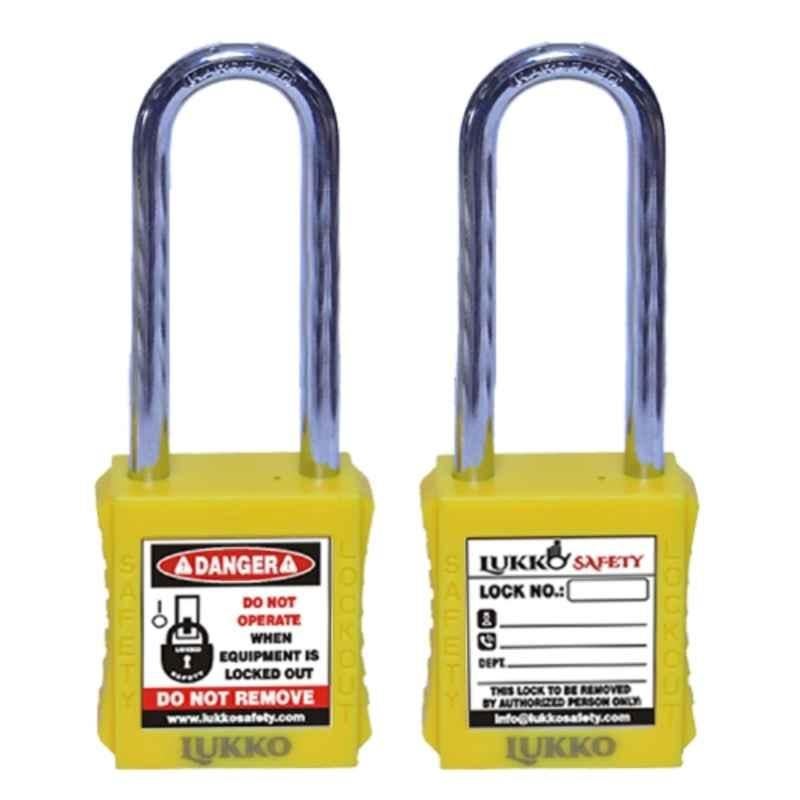 Lukko Safety 76mm Metal Yellow Long Shackle Safety Lockout Padlockwith 2 Keys, LS-LC46