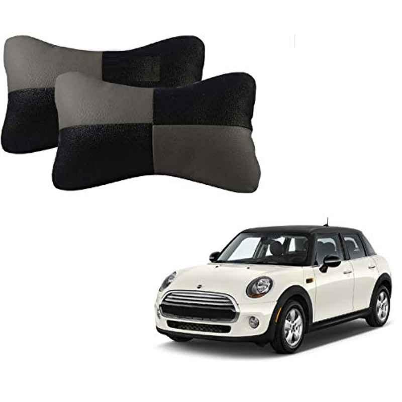 Kozdiko 2 Pcs Leather Grey & Black Neck Rest Car Cushion Pillow Set for Mini Cooper