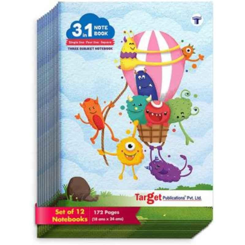 Target Publications Regular 172 Pages Multicolour Ruled 3 in 1 Notebook (Pack of 12)