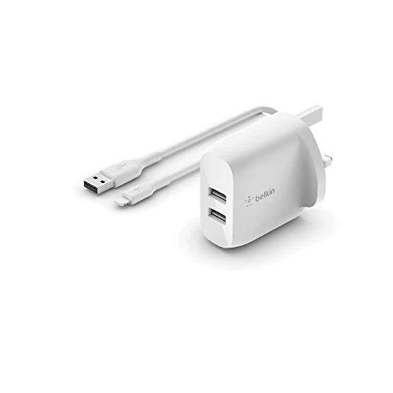 Belkin 24W Boost Dual USB-A Wall Charger with Lightning Cable, WCD001MY1MWH