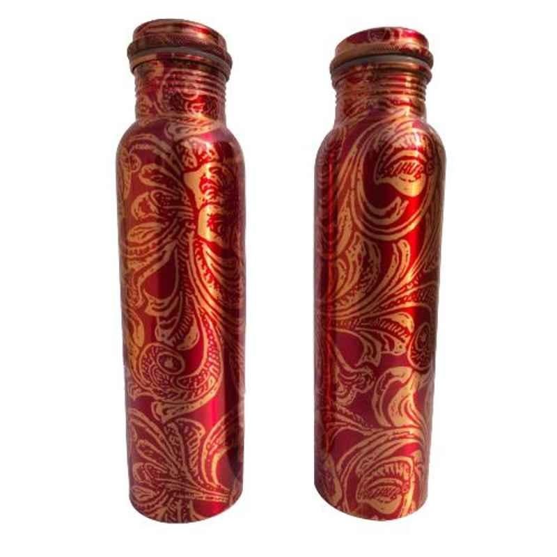 Healthchoice 1000ml Copper Red Leaf Design Printed Water Bottle (Pack of 2)
