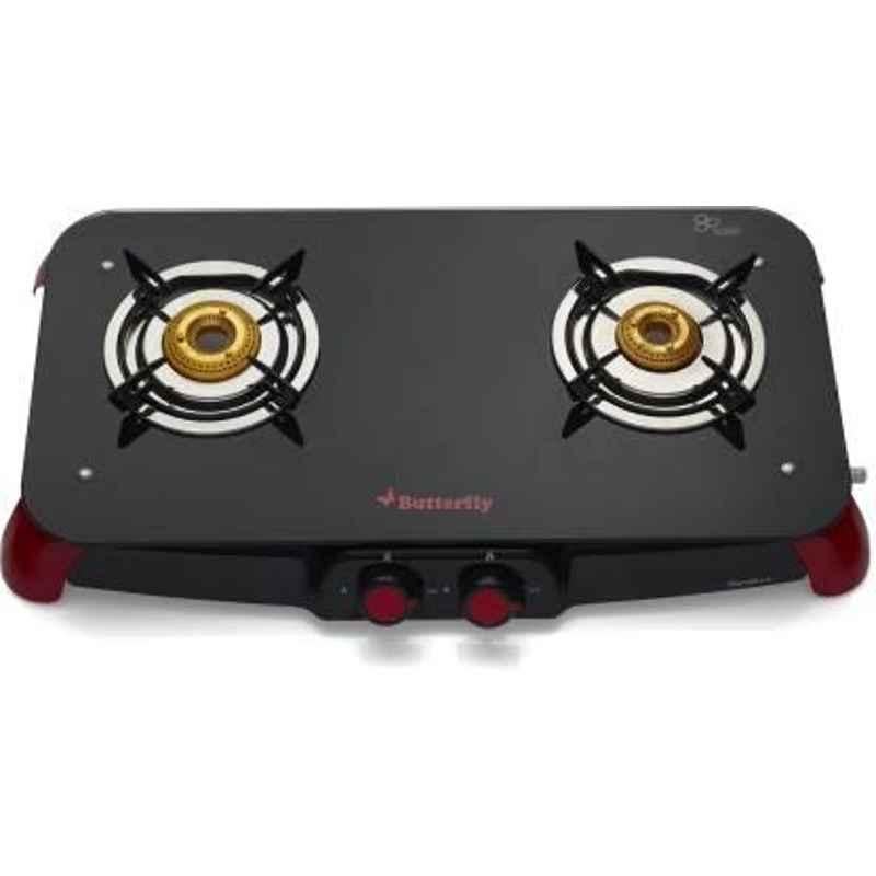 Butterfly Signature Black & Red 2 Burner Manual Glass Cooktop