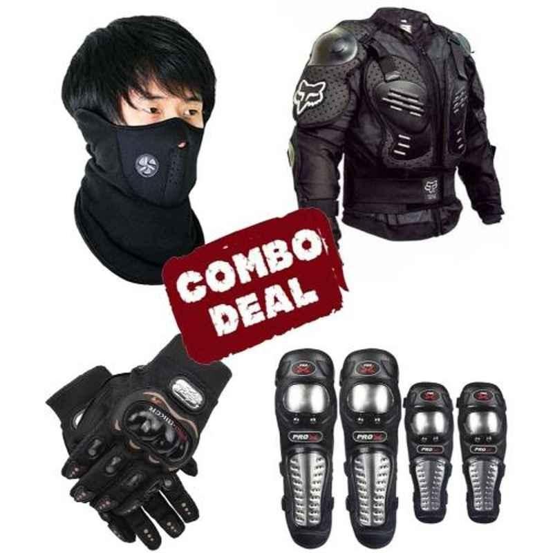 Love4ride Neoprene Mask, Fox Body Armour, Probiker Elbow Knee Guard & Probiker Bike Gloves Combo for Biker